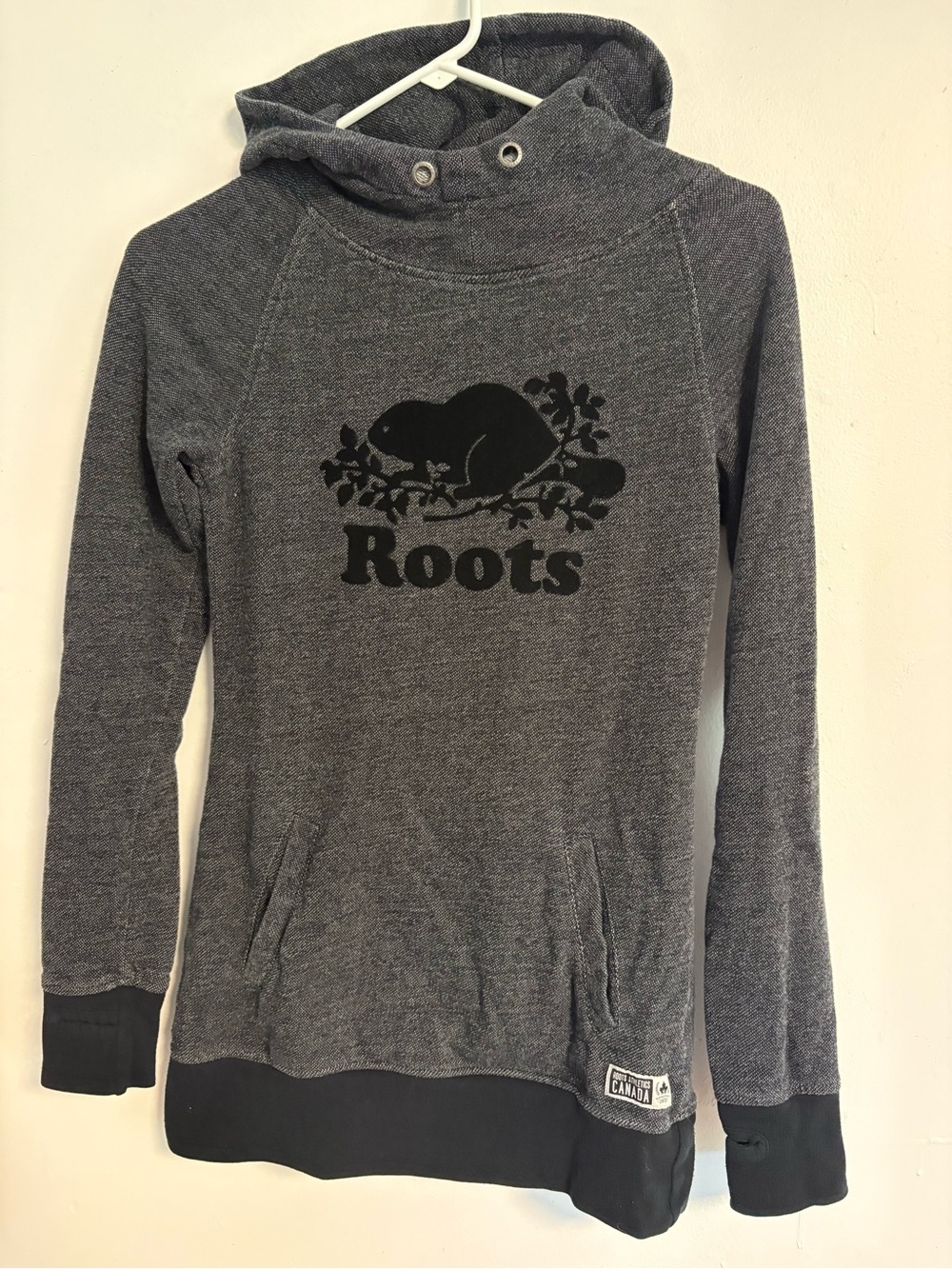 Roots Gray Cowl-Neck Hoodie with Beaver Logo